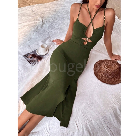 Army Green Dress Strappy Bead Detail Criss Cross Cut Out Detail Cami Tie Neck - Picture 2 of 7